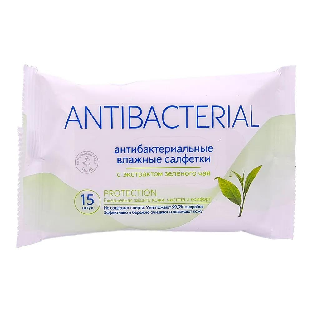 Влажные салфетки Авангард ANTIBACTERIAL PROTECTION № 15 антибактериальные с зелёным чаем, флоу-пак