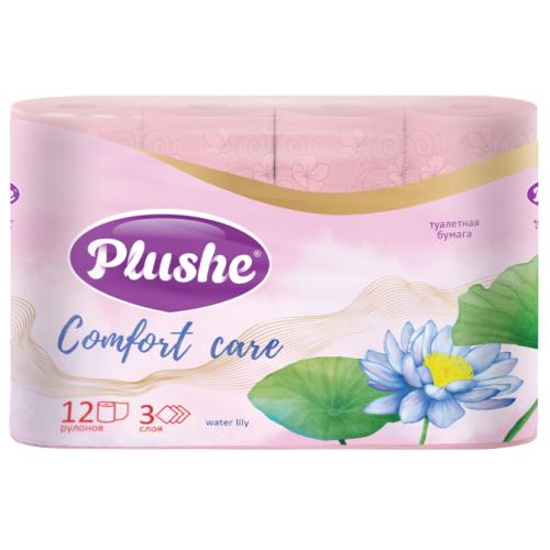 Туалетная бумага Plushe Comfort Care Water Lily 12 рулонов 3 слоя розовая, пакет