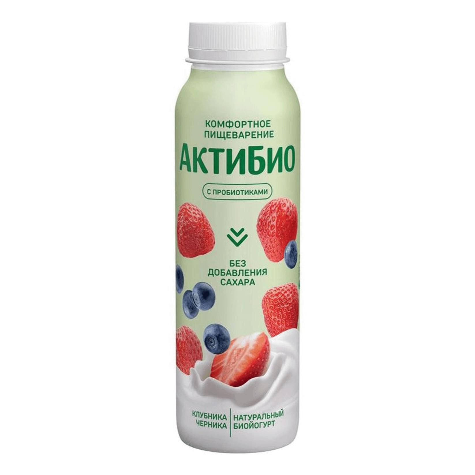 Йогурт питьевой Актибио яблоко клубника черника без сахара 1,5% 260 гр., ПЭТ