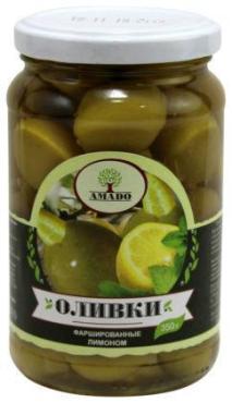 Оливки зеленые Amado с лимоном, 350 гр., стекло