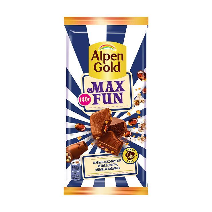 Шоколад Alpen Gold Max Fun молочный мармелад со вкусом колы попкорн карамель 140 гр., флоу-пак