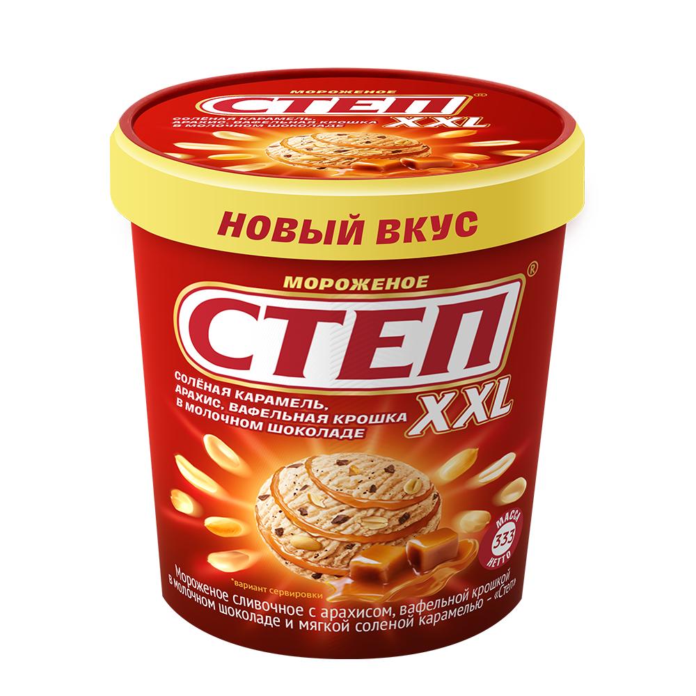 Мороженое Степ сливочное с арахисом вафельной крошкой в молочном шоколаде и мягкой соленой карамелью 333 гр., ПЭТ