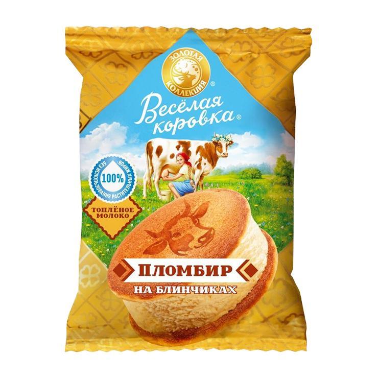 Мороженое пломбир Веселая корова сэндвич с топленым молоком на блинчиках 74 гр., флоу-пак