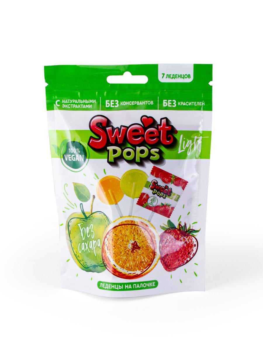 Карамель Sweet Pops Light со вкусами яблоко, апельсин, клубника без сахара на палочке 70 гр., дой-пак