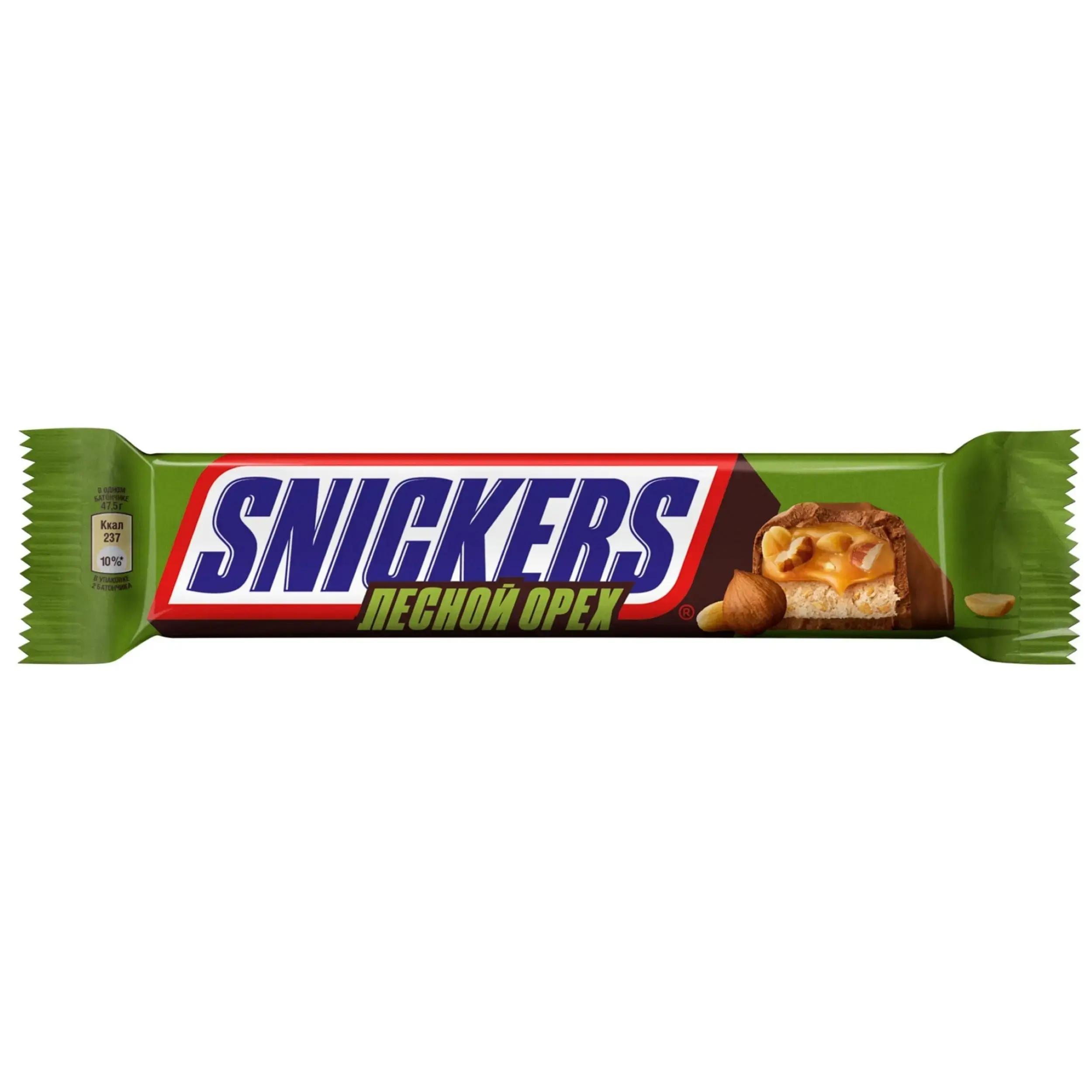 Батончик шоколадный Snickers Лесной орех с арахисом, карамелью, фундуком и нугой, 81 гр., флоу-пак