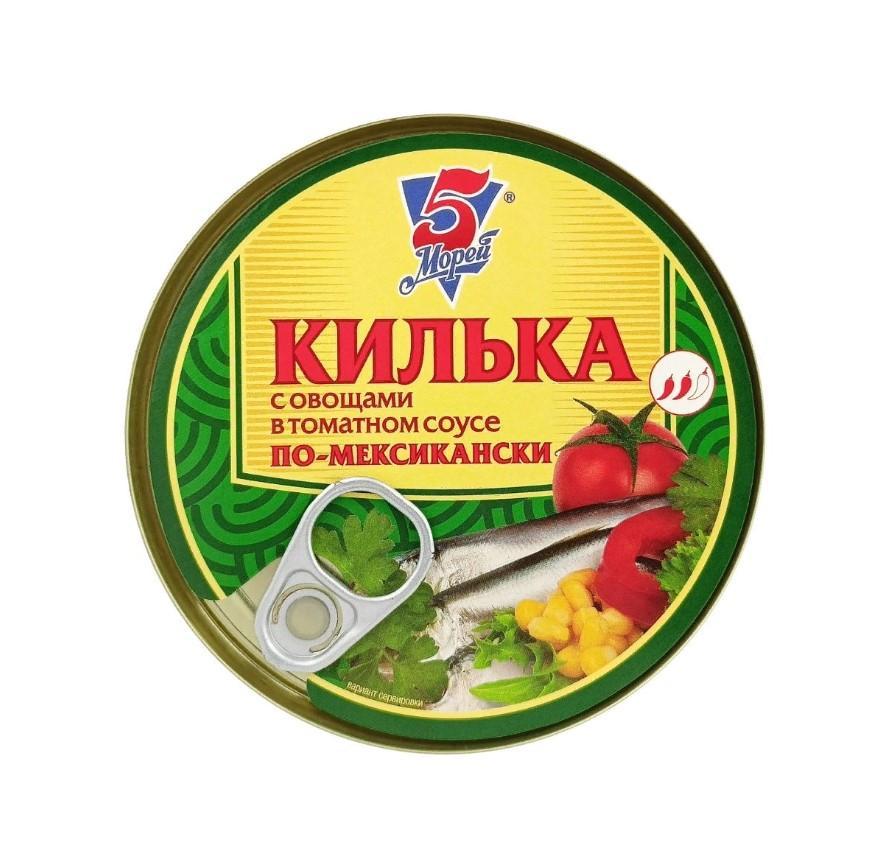 Килька 5 МОРЕЙ неразделанная обжаренная с овощами в томатном соусе по-мексикански 240 гр., ж/б