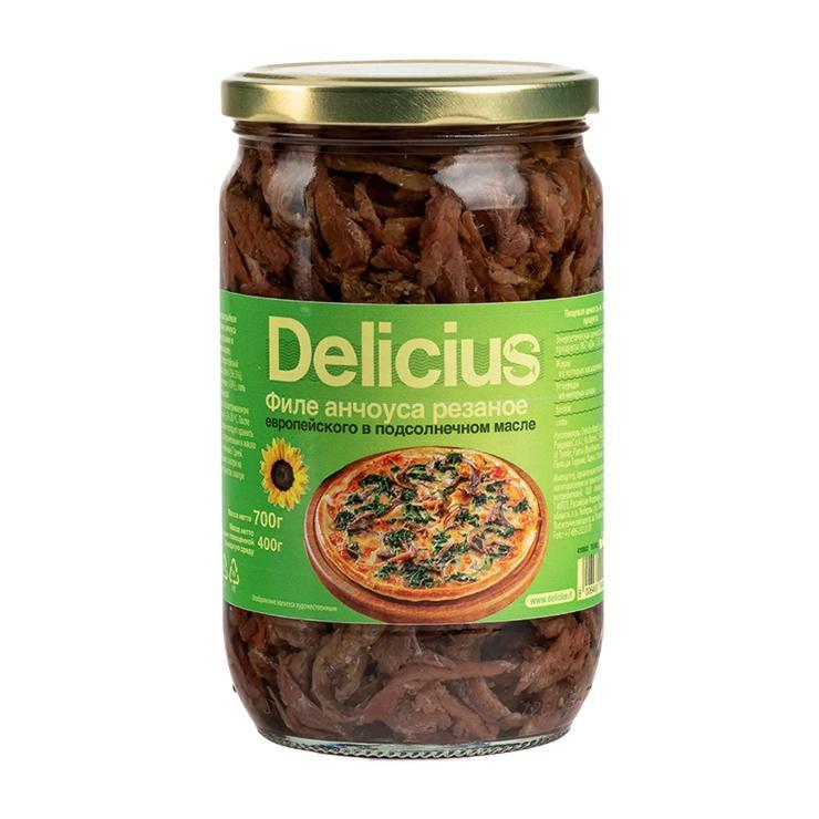 Анчоусы Delicius резаные филе в подсолнечном масле 700 гр., стекло