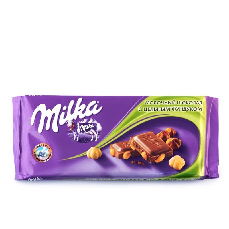 Шоколад Milka молочный с цельным фундуком, 100 гр., флоу-пак