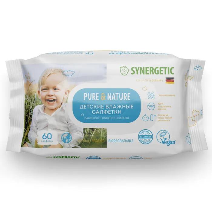 Салфетки влажные Synergetic Pure&Nature 0+ гипоаллергенные пантенол и овсяное молочко 60 шт., флоу-пак