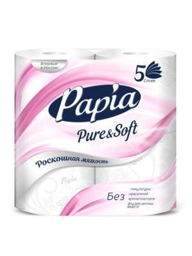 Туалетная бумага Papia пятислойные PURE SOFT 100% целлюлоза 4 рулона, белая, пакет