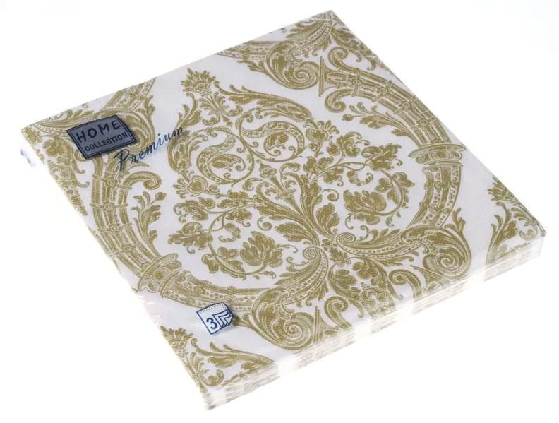 Салфетки бумажные Bouquet Royal Золото на белом 3 слоя 40х40 см. 20 шт., пленка
