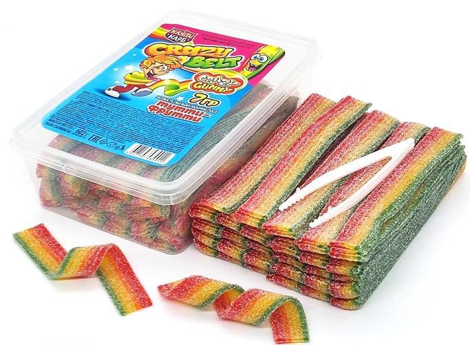 Мармелад Канди Клаб Crazy Gummy Crazy Belt ремешки в кислой обсыпке ассорти 7 гр., ПЭТ