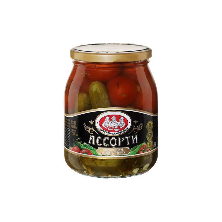 Ассорти Скатерть Самобранка томаты черри корнишоны по дижонски 480 гр., стекло