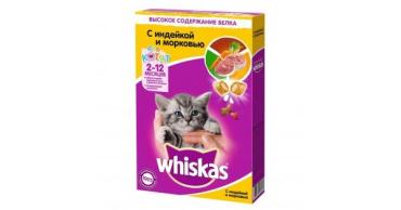 Корм Whiskas сухой для котят 1-12месяцев Вкусные подушечки Ассорти с индейкой и морковью, 350 гр., картон