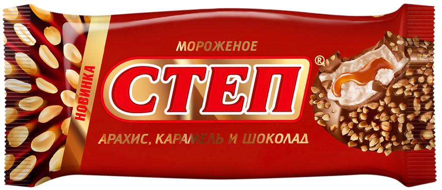 Мороженое эскимо Степ сливочное с мягкой карамелью и арахисом в молочно-шоколадной глазури 75 гр., флоу-пак