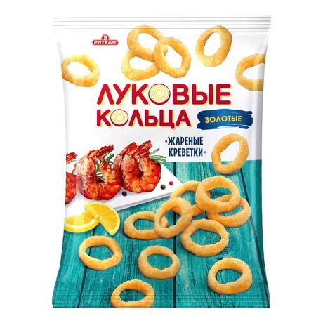 Луковые Кольца Русскарт Золотые снеки хрустящие со вкусом жареных креветок 100 гр., флоу-пак