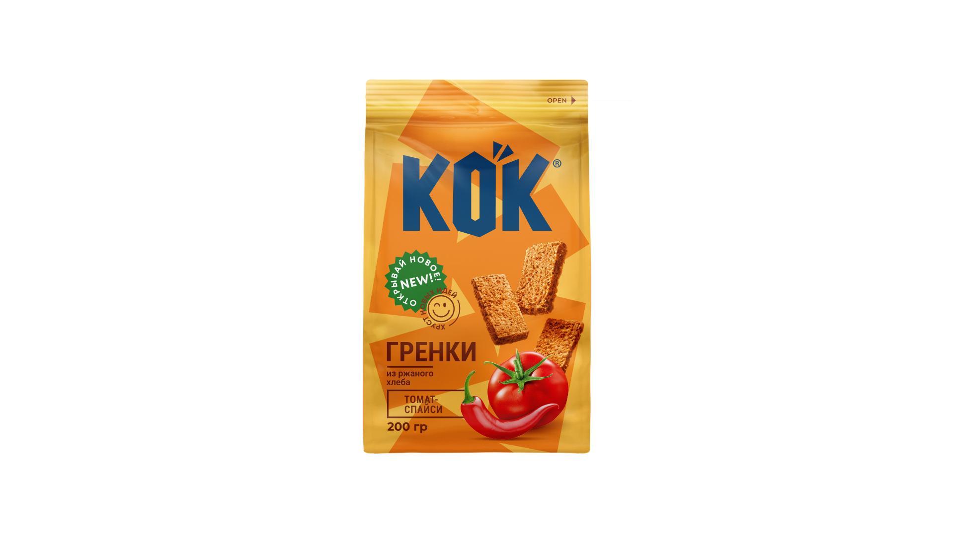 Гренки Kok из ржаного хлеба со вкусом томат-спайси 200 гр., флоу-пак