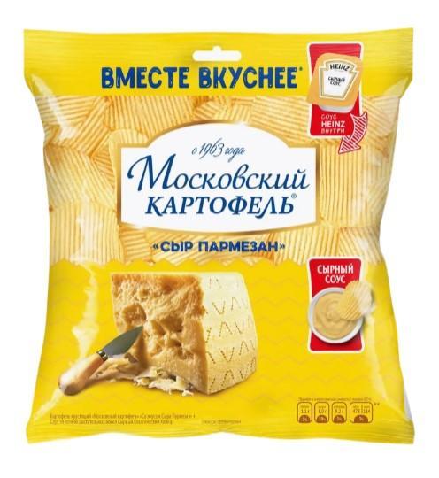 Чипсы Московский картофель Сыр пармезан рифленые и соус Heinz сырный 60 гр., флоу-пак