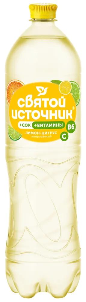 Вода газированная Святой Источник вода + сок + витамины лимон цитрус 1,5 л., ПЭТ