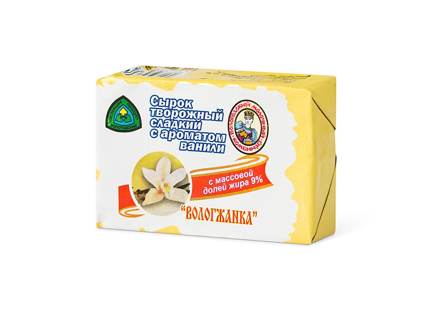 Сырок творожный сладкий с ароматом ванили 9%, Вологжанка, 100 гр., обертка фольга/бумага