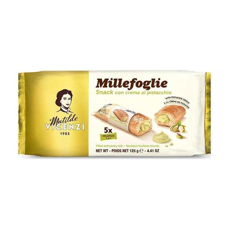 Пирожные Matilde Vicenzi millefoglie слоёные трубочки с фисташковой начинкой 125 гр., флоу-пак