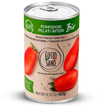 Помидоры GUSTO SANO ORGANIC цельные очищенные в собственном соку без соли и сахара 400 гр., ж/б