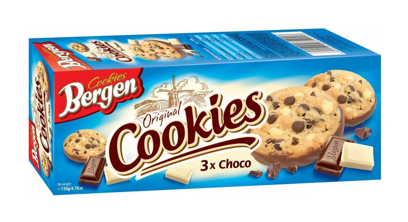 Печенье Bergen Original cookies с кусочками белого молочного и темного шоколада 135 гр., картон