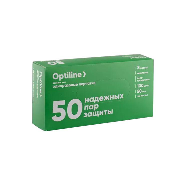 Перчатки OptLine S виниловые неопудренные 100 шт., картон