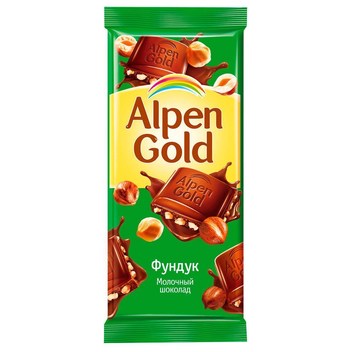 Шоколад Alpen Gold молочный с фундуком, 80 гр., флоу-пак