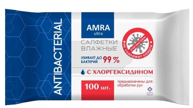 Салфетки влажные антибактериальные Amra 100 шт., флоу-пак