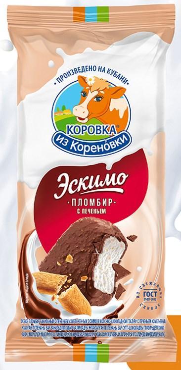 Мороженое пломбир Коровка из Кореновки с печеньем эскимо 70 гр., флоу-пак