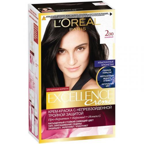 Крем-краска для волос тон 200 Кофейный L'oreal Excellence Creme, 192 мл., картонная коробка