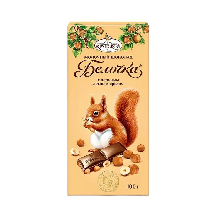 Шоколад Фабрика имени Крупской белочка молочный с цельным фундуком 100 гр., картон