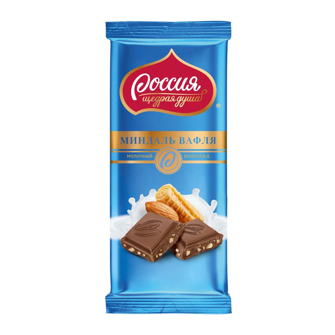 Шоколад Россия Щедрая душа молочный с миндалем и вафлей 82 гр., флоу-пак