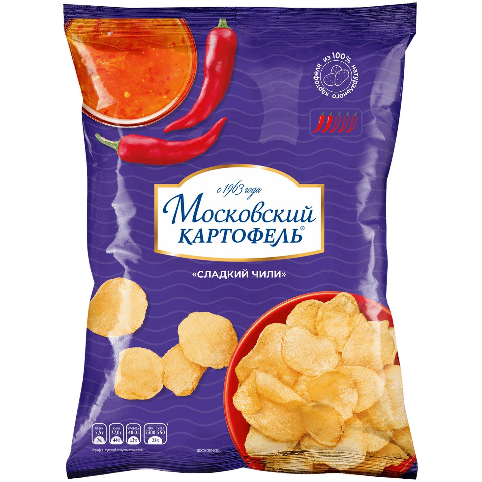 Чипсы Московский картофель хрустящий со вкусом Сладкий чили 120 гр., флоу-пак