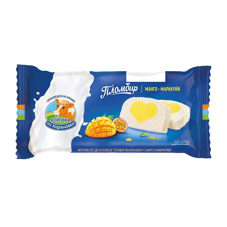 Мороженое Коровка из Кореновки Манго и Маракуйя двухслойное пломбир 200 гр., флоу-пак