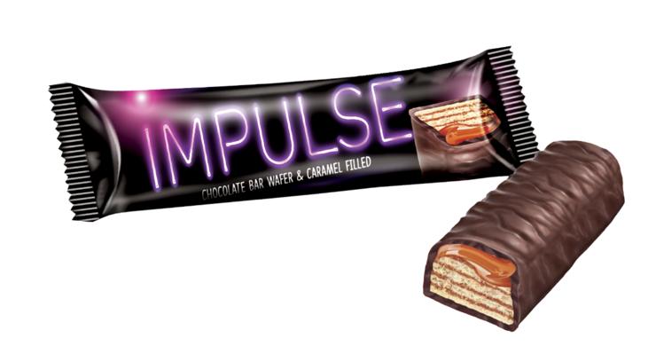 Конфета вафельная IMPULSE с мягкой карамелью и в молочной шоколадной глазури 16 гр., флоу-пак