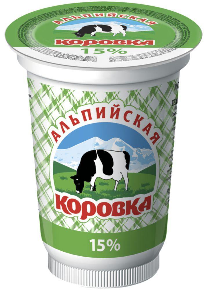 Сметанный продукт Альпийская Коровка 15% 400 гр, стакан