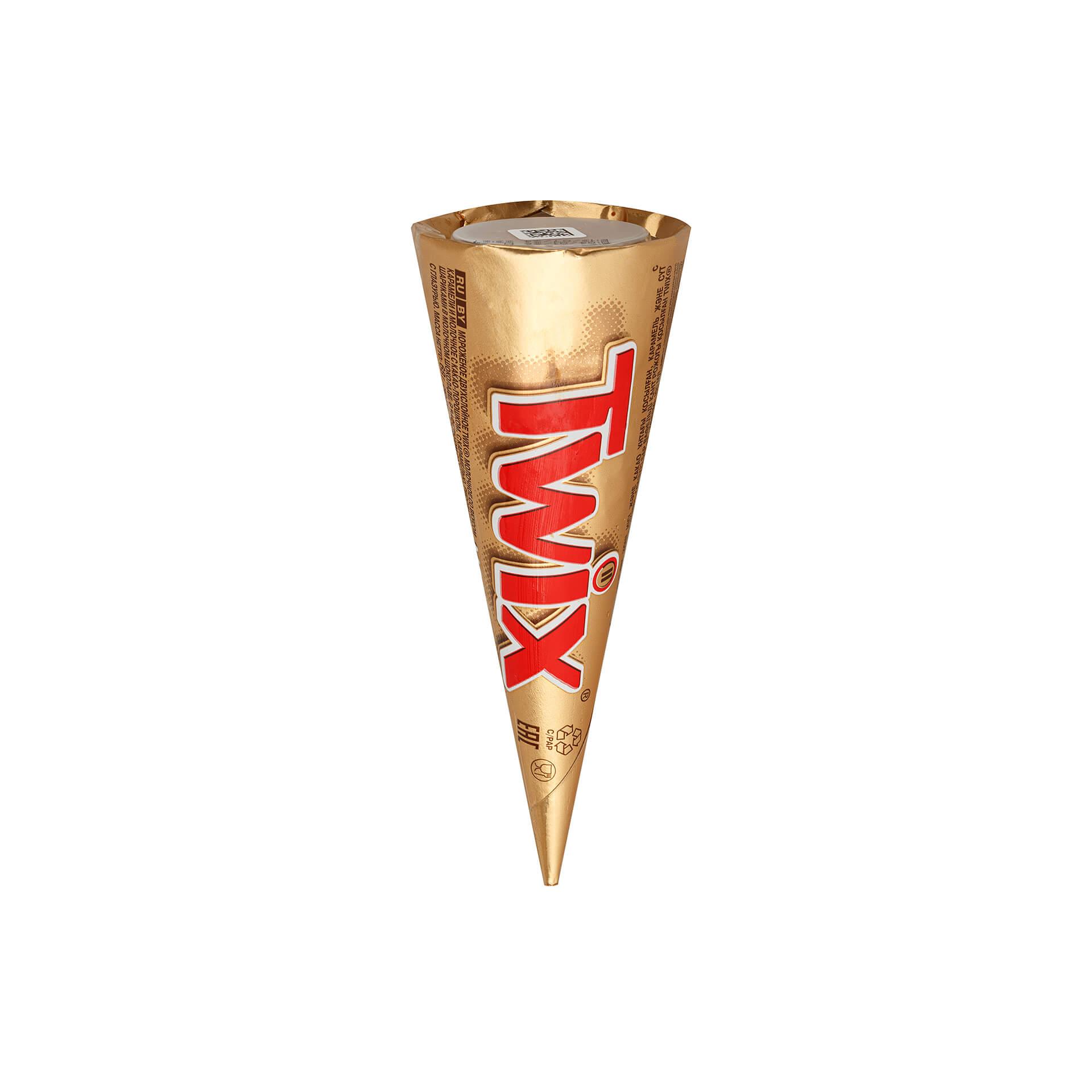 Мороженое пломбир TWIX двухслойное с какао-порошком карамелью и рисовыми шариками в шоколаде вафельный рожок 68 гр., обертка