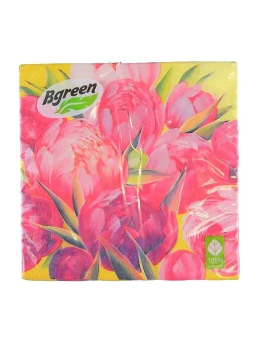 Салфетки бумажные Bulgaree Green Peony трехслойные 33х33 см. 20 шт., пакет