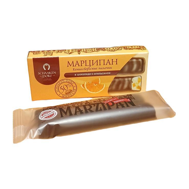 Марципановые палочки ШААКЕН ДОРФ с кусочками апельсина в темном шоколаде 50 гр., картон