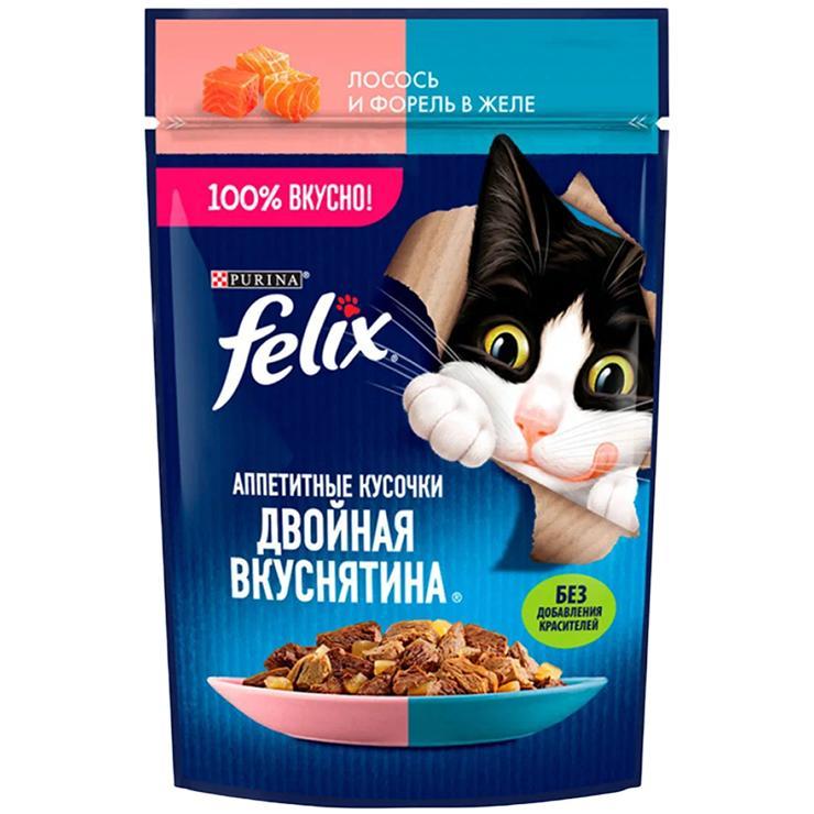 Корм для кошек Felix влажный аппетитные кусочки лосось и форель в желе 75 гр., пауч