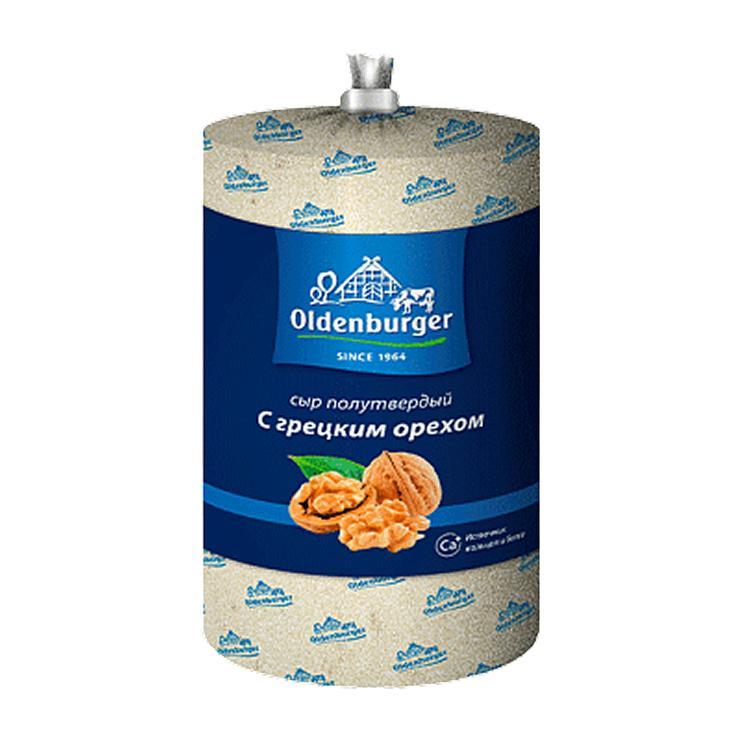 Сыр Oldenburger полутвердый с грецким орехом 45% высокий цилиндр 1,1 кг., вакуум