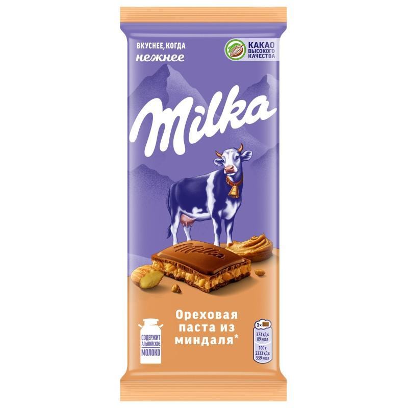Шоколад Milka молочный ореховая паста и миндаль 80 гр., флоу-пак