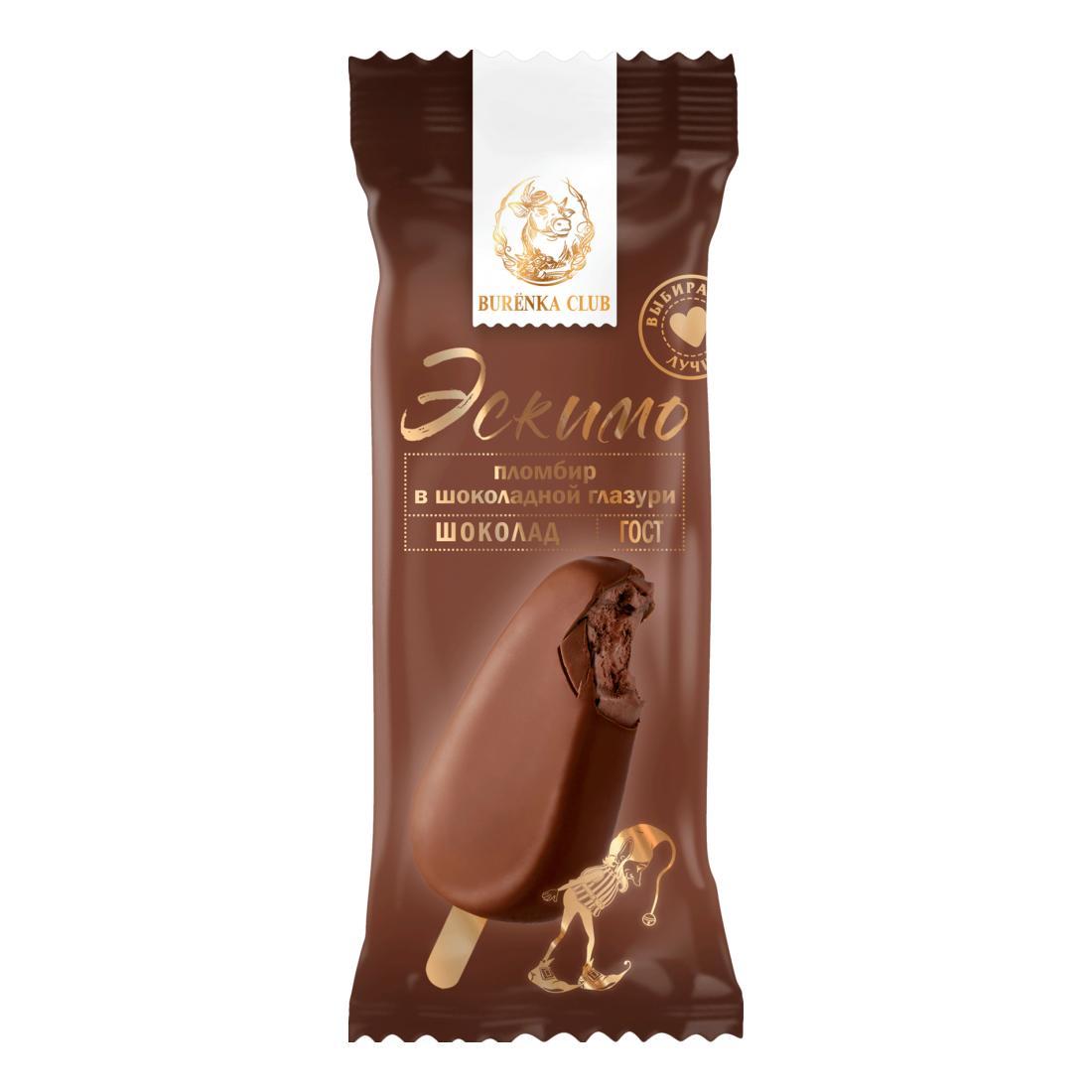 Мороженое BURENKA CLUB пломбир шоколадный в шоколадной глазури 15% эскимо 70 гр., флоу-пак