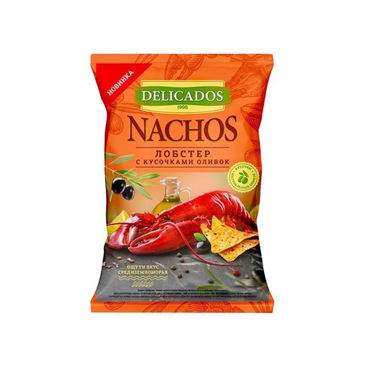 Чипсы Delicados Nachos лобстер с кусочками оливок кукурузные 150 гр., флоу-пак