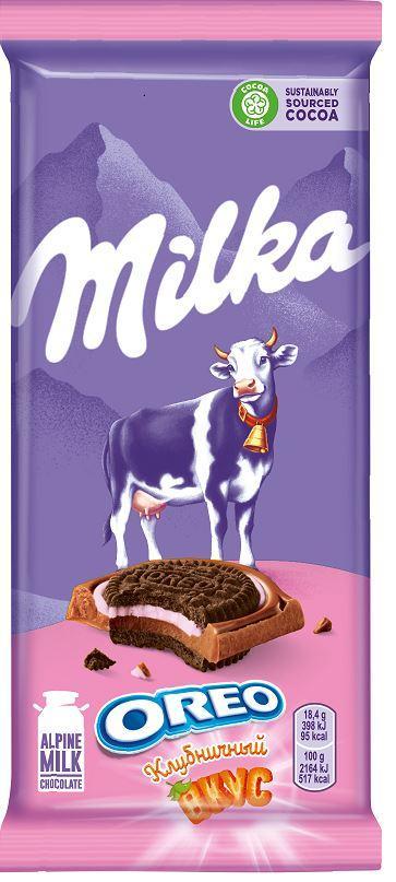 Шоколад Milka молочный клубника и печенье Oreo 92 гр., флоу-пак