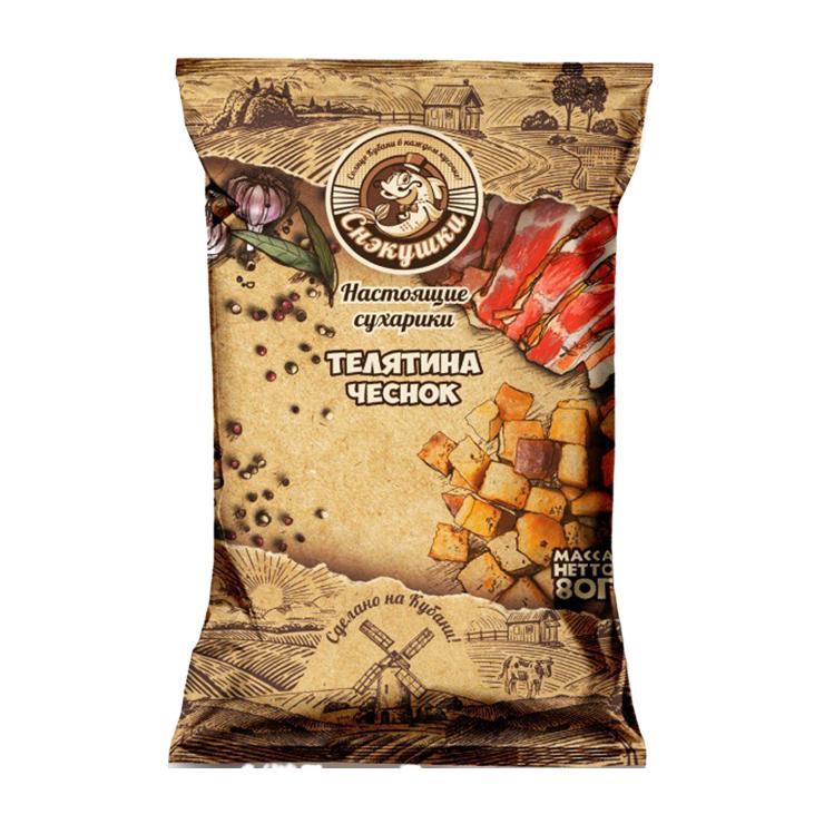 Сухарики пшеничные Снэкушки телятина чеснок 80 гр., флоу-пак
