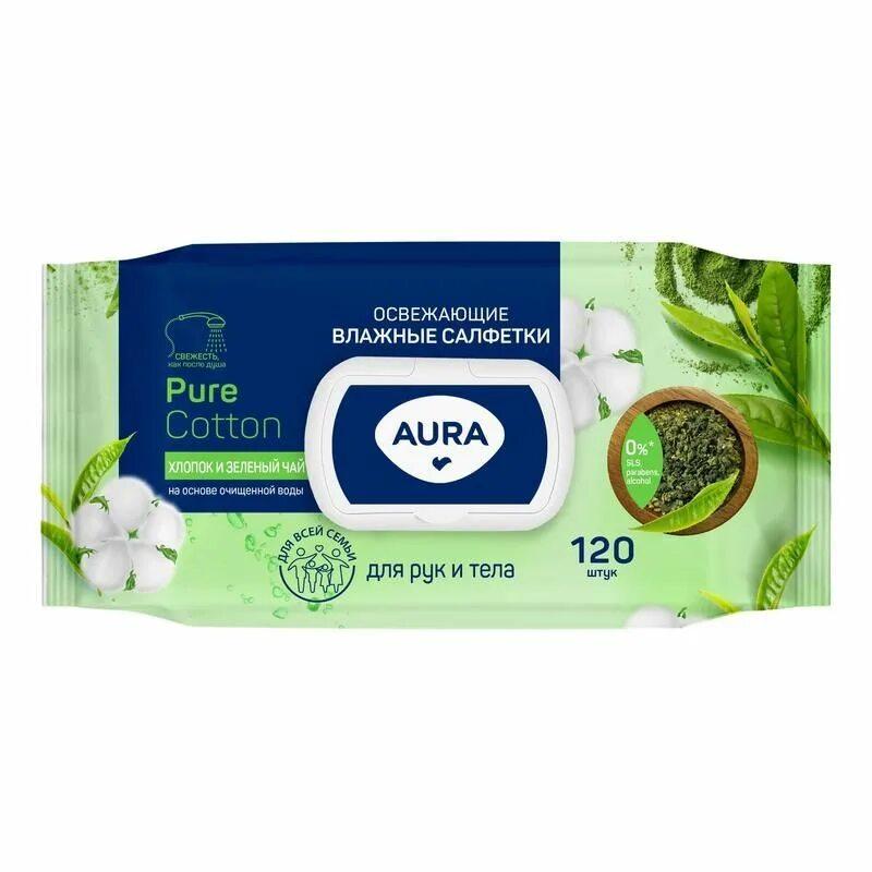 Салфетки влажные Aura family освежающие с крышкой 120 шт., флоу-пак