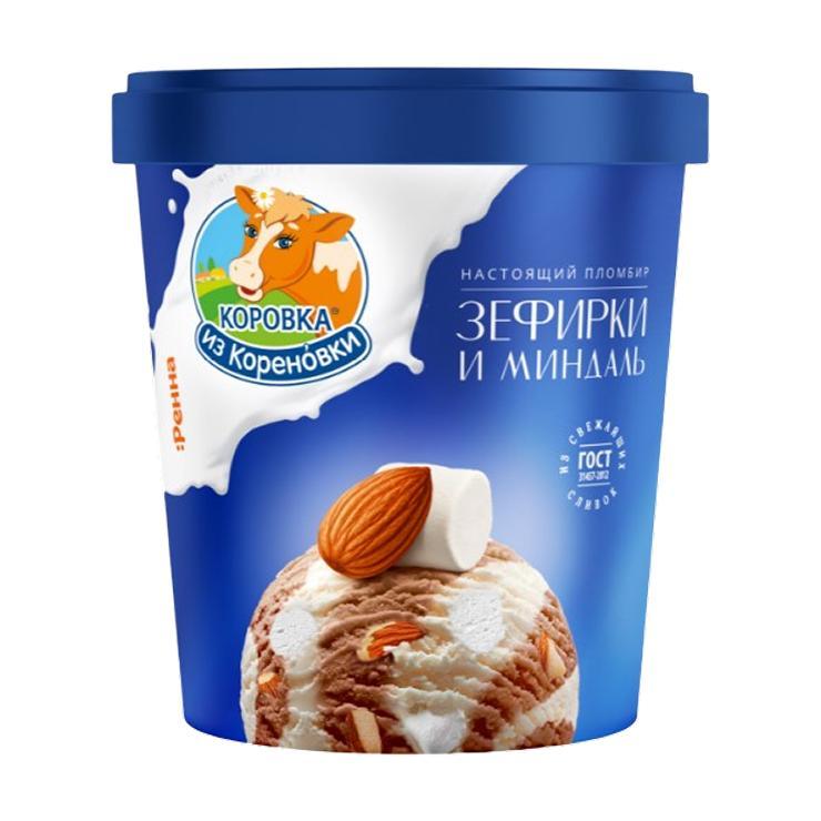 Мороженое пломбир Коровка из Кореновки шоколад зефирки и миндаль 18% 300 гр., ведро